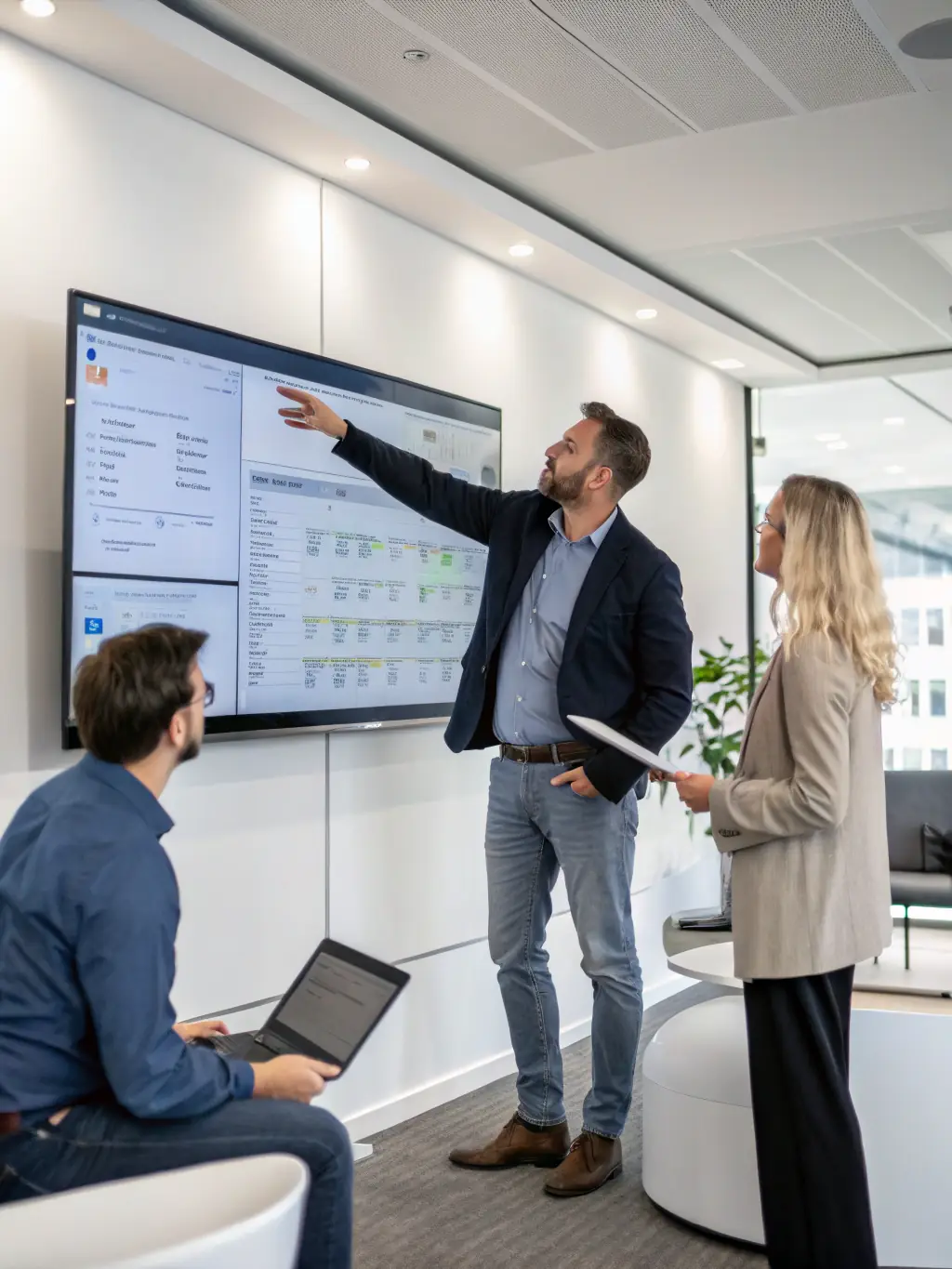 A project manager reviewing project progress with a team, using charts and reports.
