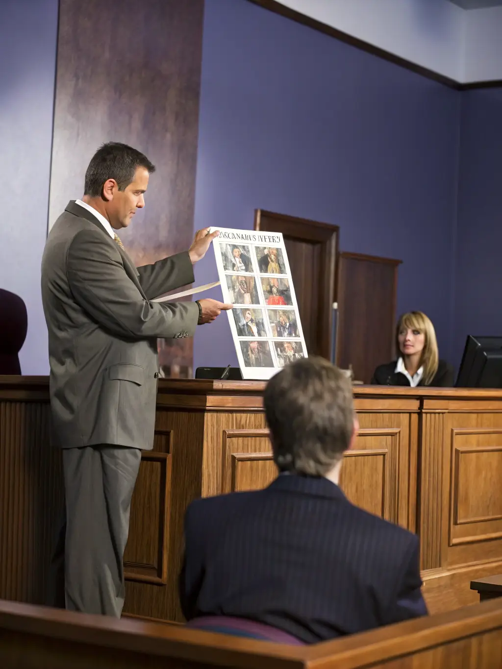 A professional expert witness in a courtroom setting, presenting technical evidence with confidence.