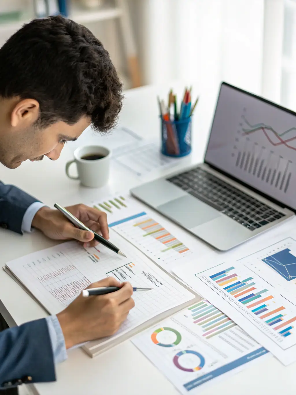 A consultant reviewing project documentation with a focused expression, highlighting the meticulous nature of the health check process.