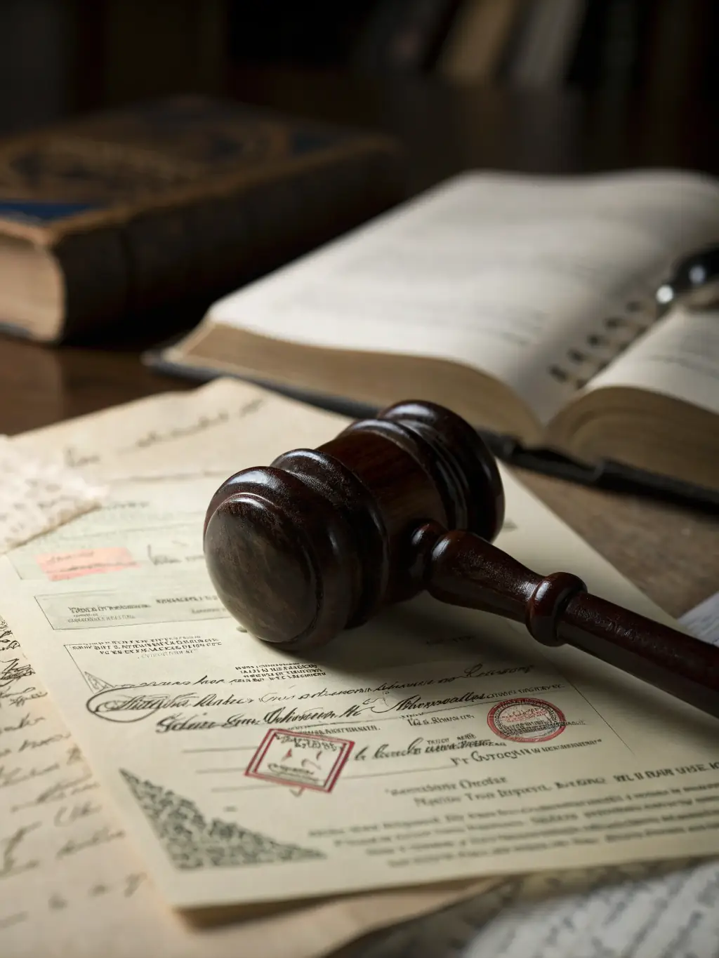 A gavel resting on a stack of legal documents, symbolizing the finality and authority of arbitration decisions.