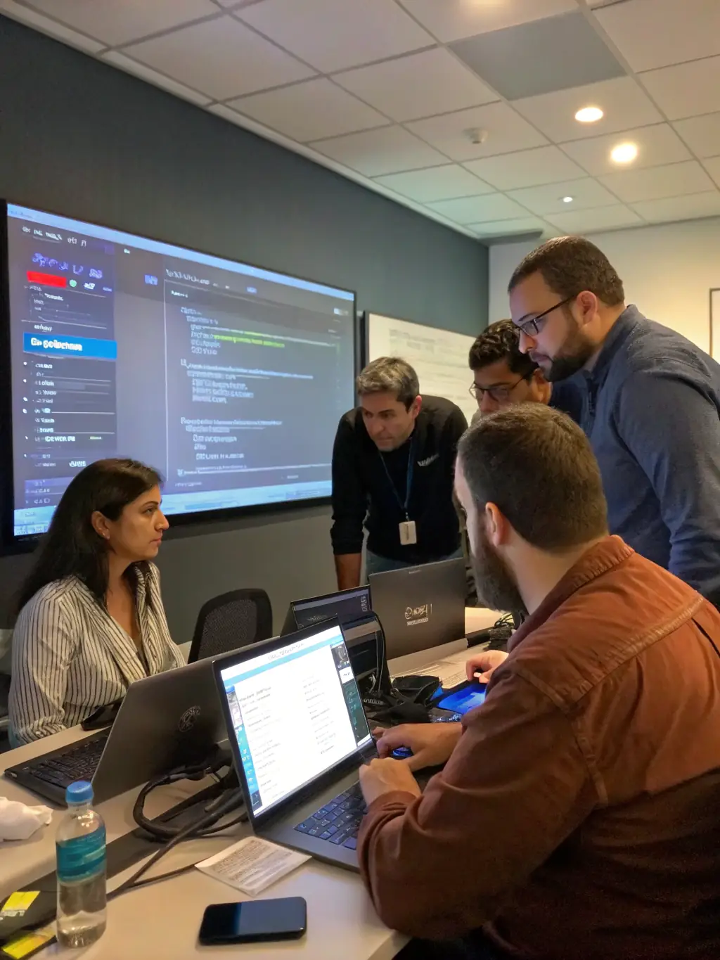 A group of IT professionals reviewing project timelines and milestones on a large screen, highlighting key areas of contention.